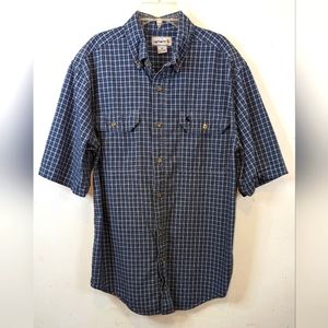 Carhartt Chambray Two Pocket Blue Plaid Button Down Short Sleeve Shirt Medium